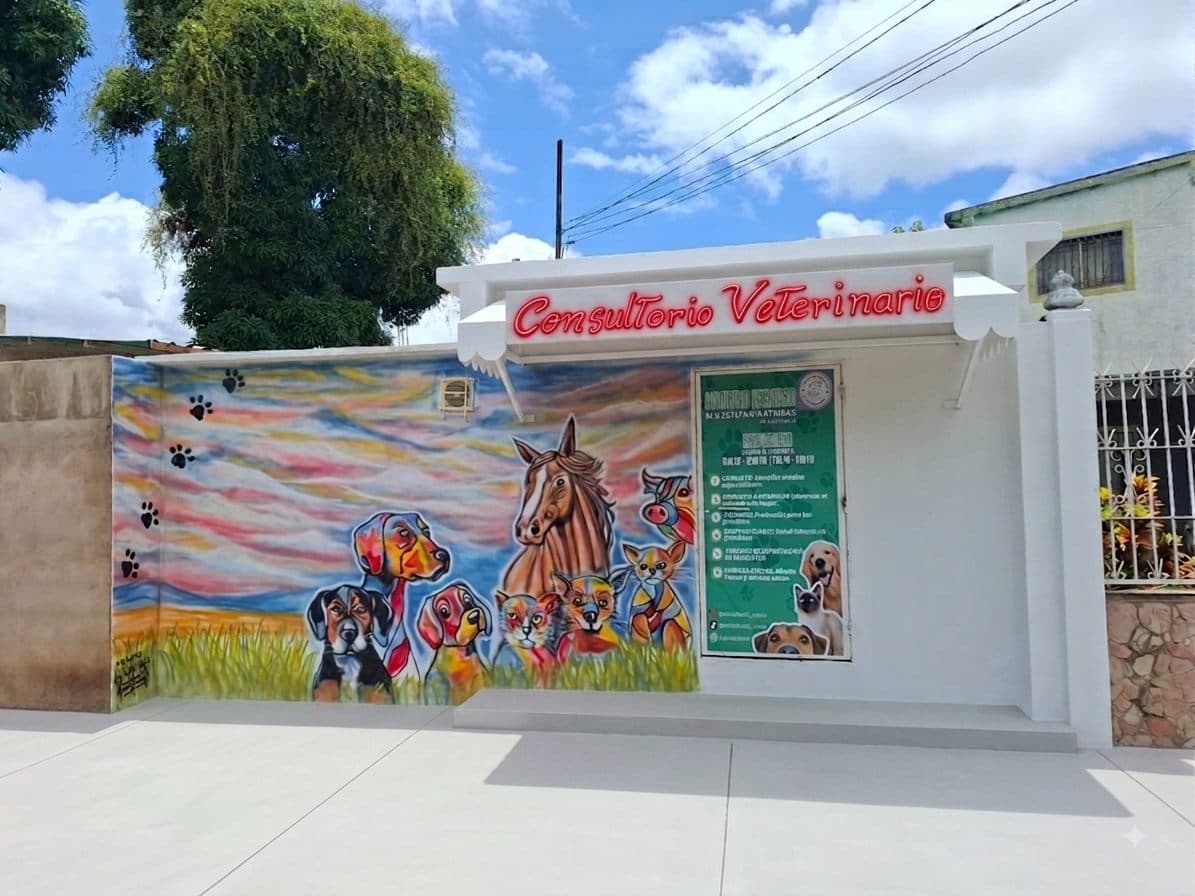 Fachada del Consultorio Veterinario M.V. Estefanía Porras, con su mural de animales