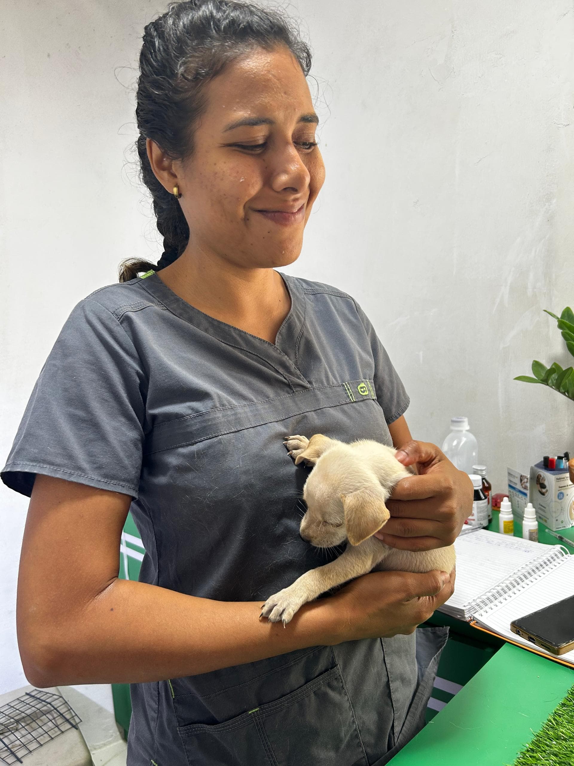 La veterinaria sosteniendo un cachorro